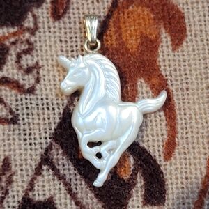 Vintage Carved Mother of Pearl Unicorn Pendant With 14k Gold Bail